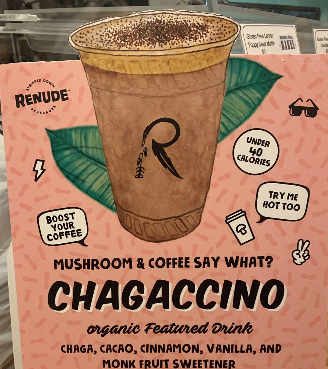 Chagaccino — chaga, cacao and cinnamon drink, in-store sign at Le Réveil