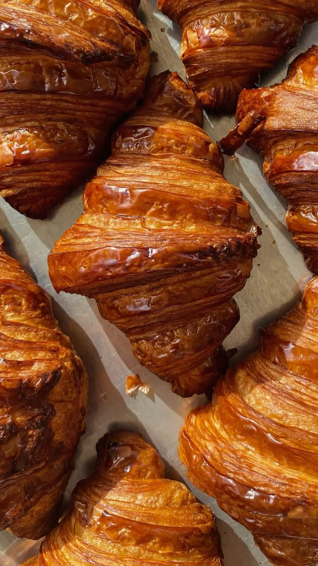 Glazed butter croissants fresh from the oven at Le Réveil bakery, NYC