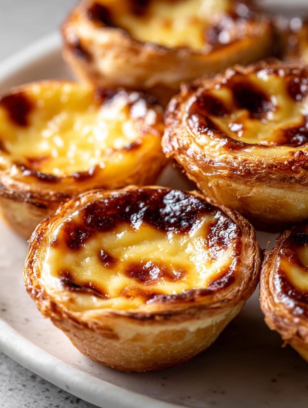 Pastéis de nata with caramelized tops on a white plate